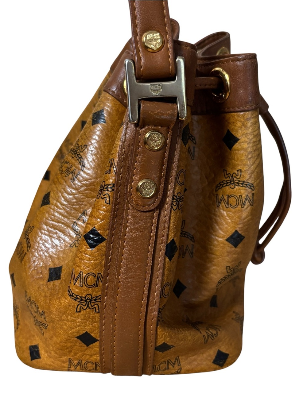 MCM Cognac Visetos Drawstring bucket Bag - Picture 4 of 16